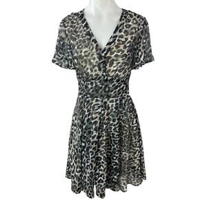 Guess Felicia Leopard Animal Print Short Flutter Sleeve Mini A-Line Dress Sz XS